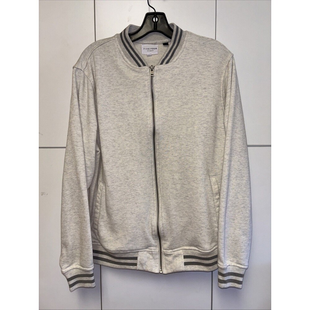 Five Four Varsity Jacket L Full Zip Pockets Gray Long Sleeve Cotton Blend
